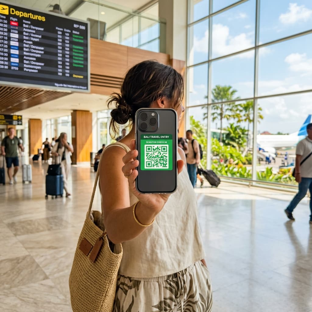 Person holding smartphone with a green QR code for Bali Customs e-CD in a modern airport