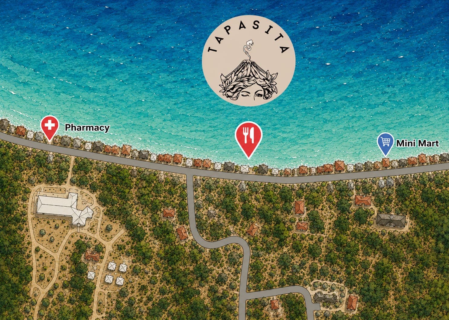 Map showing the location of Tapasita and shuttle route from The Penida Project