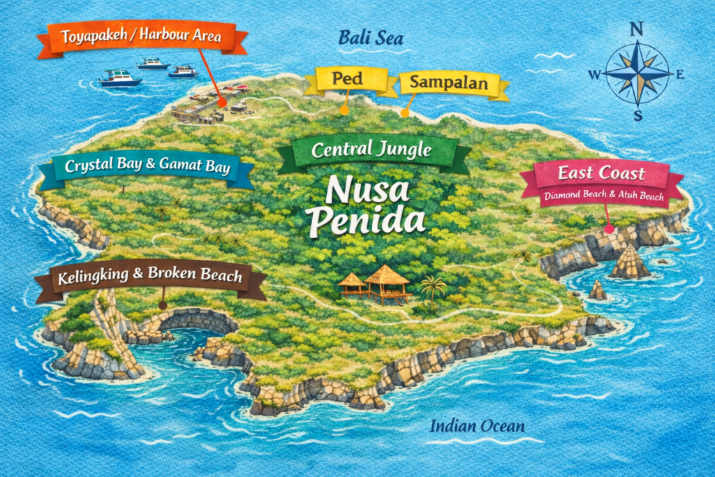 Map of Nusa Penida highlighting best areas to stay including Toyapakeh Harbour, Central Jungle accommodation area, Ped, Sampalan, Crystal Bay, Kelingking Beach, Broken Beach and East Coast viewpoints.